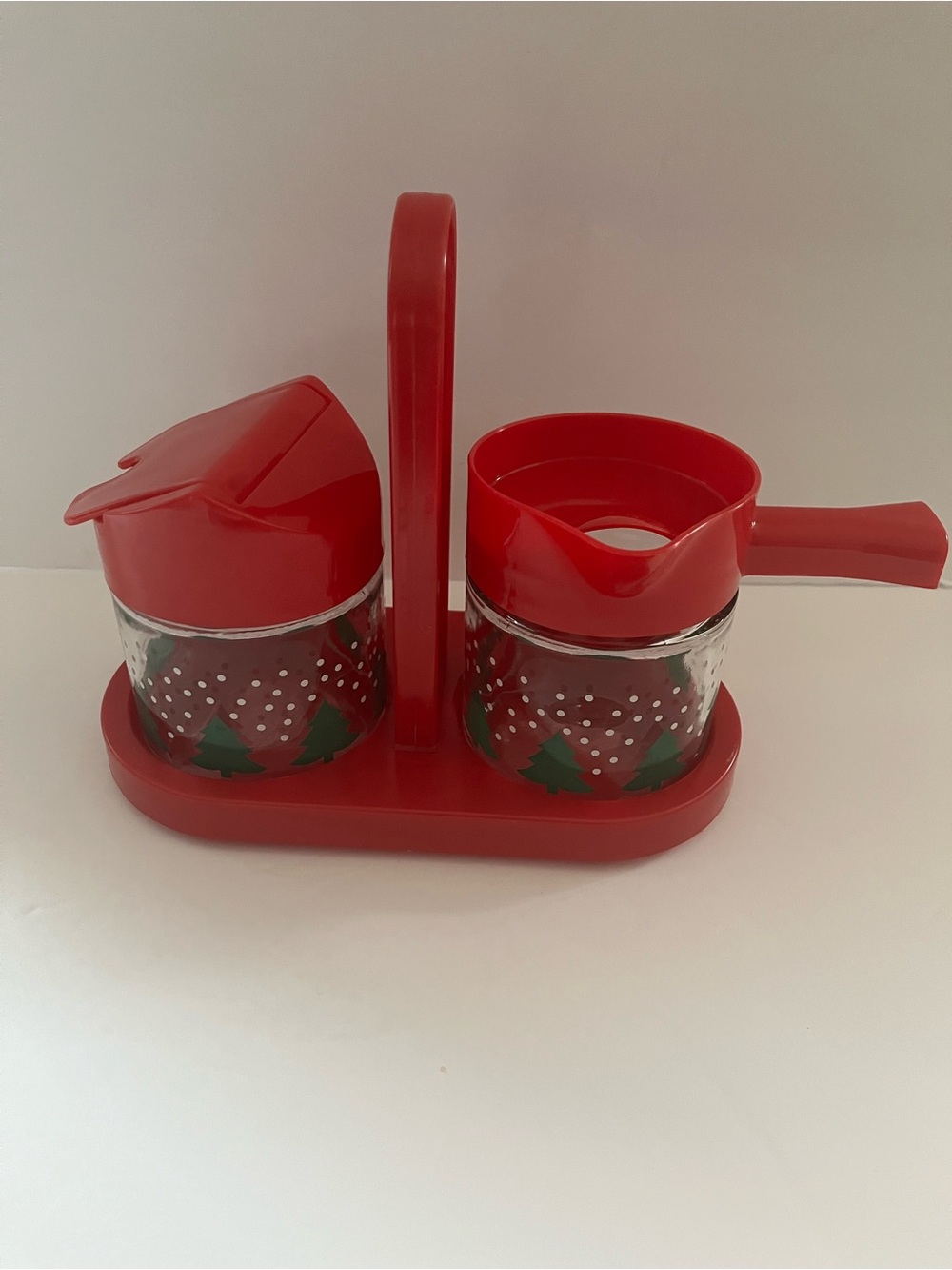 Vintage 70’s Gemco Christmas Tree & Snowflakes Sugar & Creamer Set w/Caddy